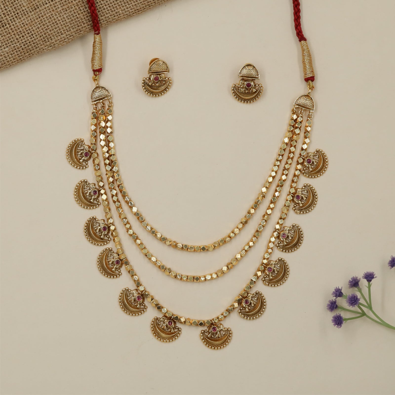 Multi Layer Antique Necklace with Sculpted Crescent Arrangement