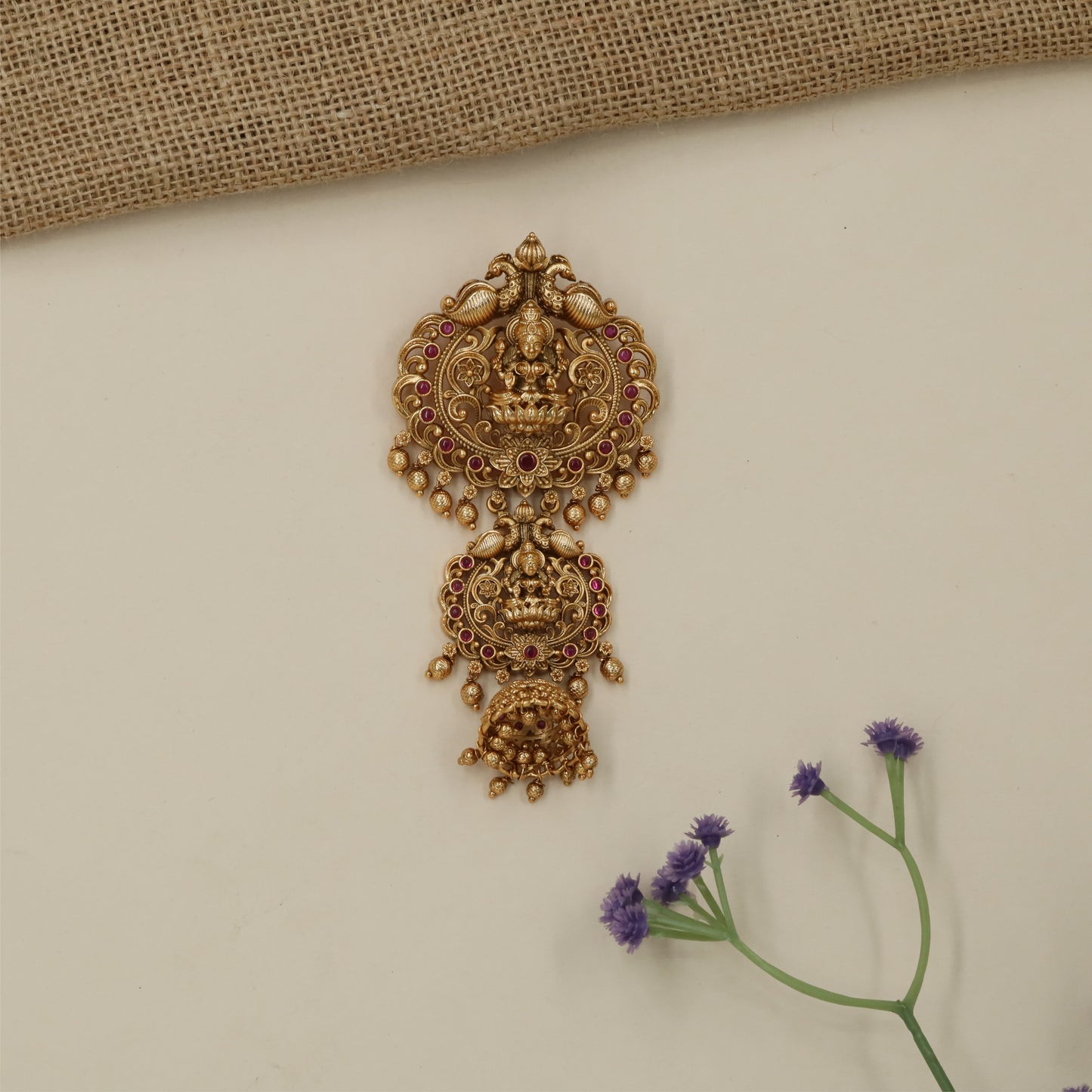 Gilded Lakshmi Frame Antique Jade Bille with Sculpted Peacock Details