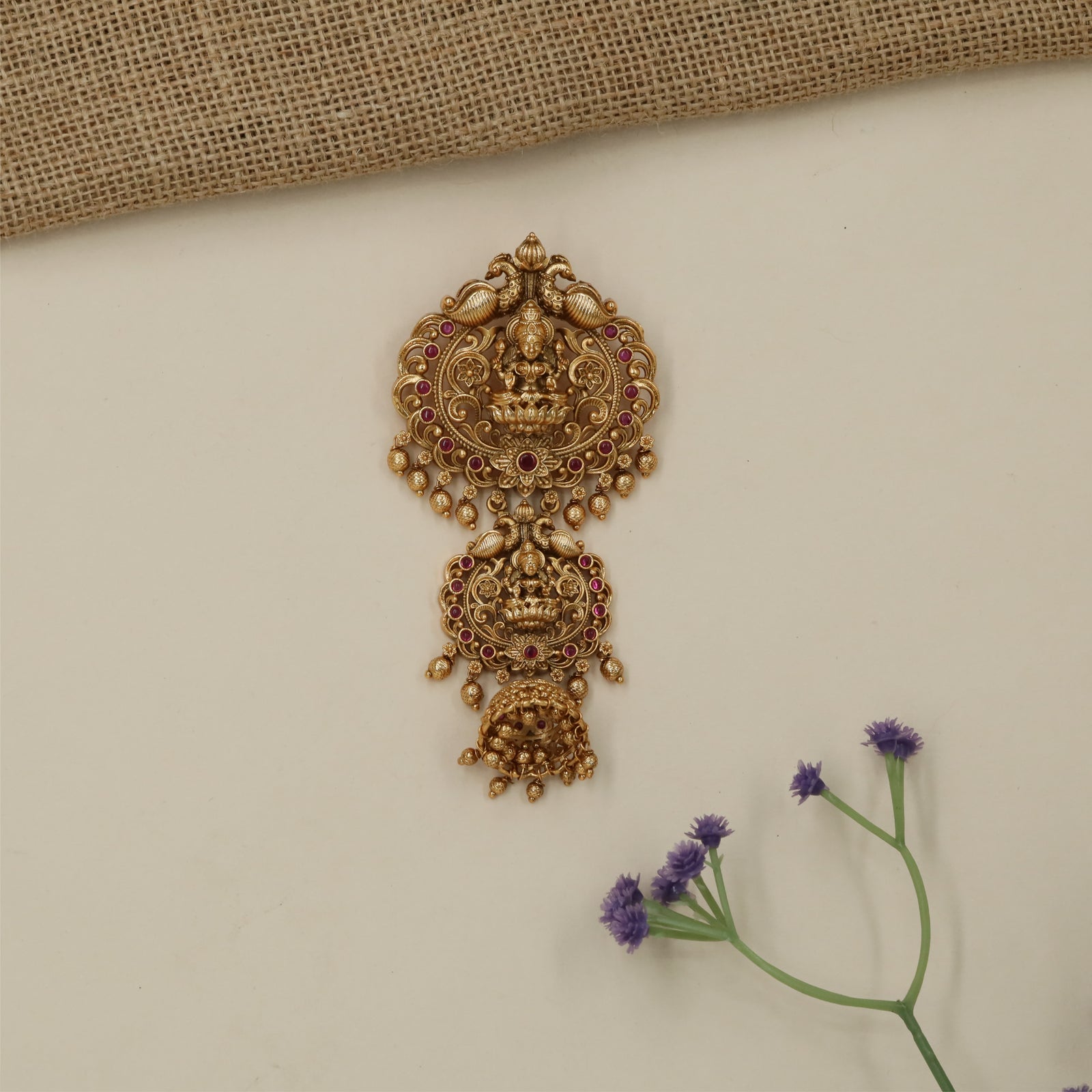 Gilded Lakshmi Frame Antique Jade Bille with Sculpted Peacock Details