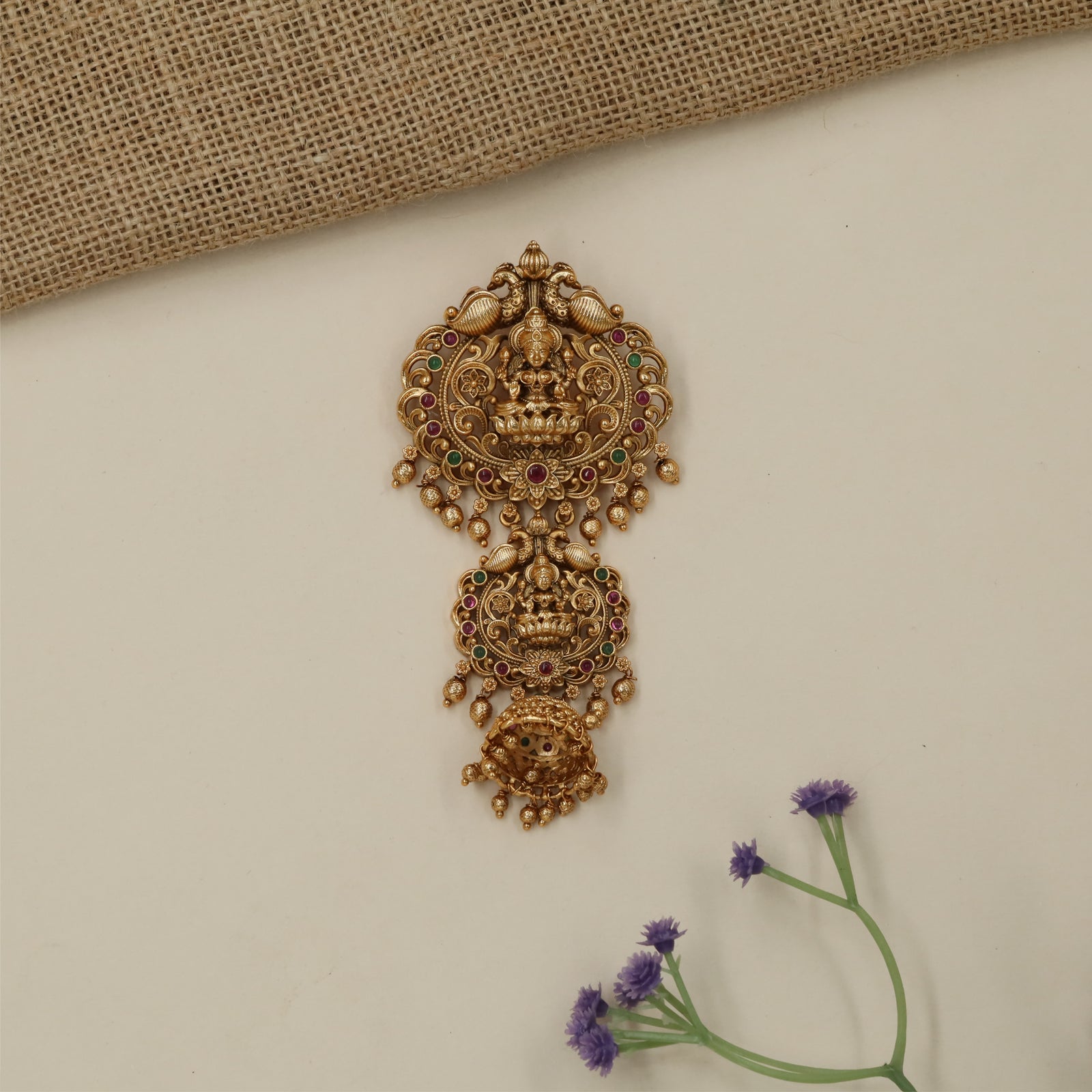 Gilded Lakshmi Frame Antique Jade Bille with Sculpted Peacock Details