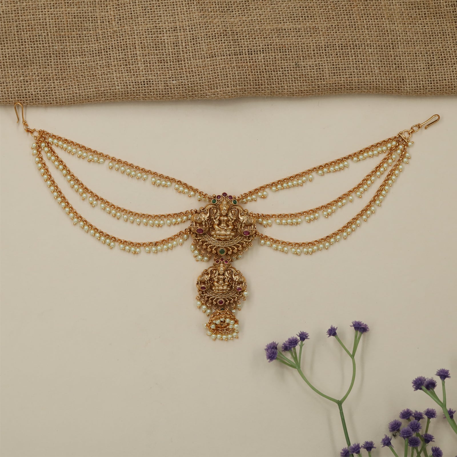 Grandeur Lakshmi Border Antique Jade Bille Mati with Multi Strand Layout