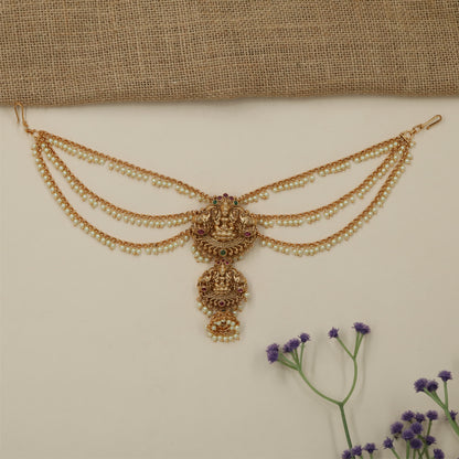 Grandeur Lakshmi Border Antique Jade Bille Mati with Multi Strand Layout