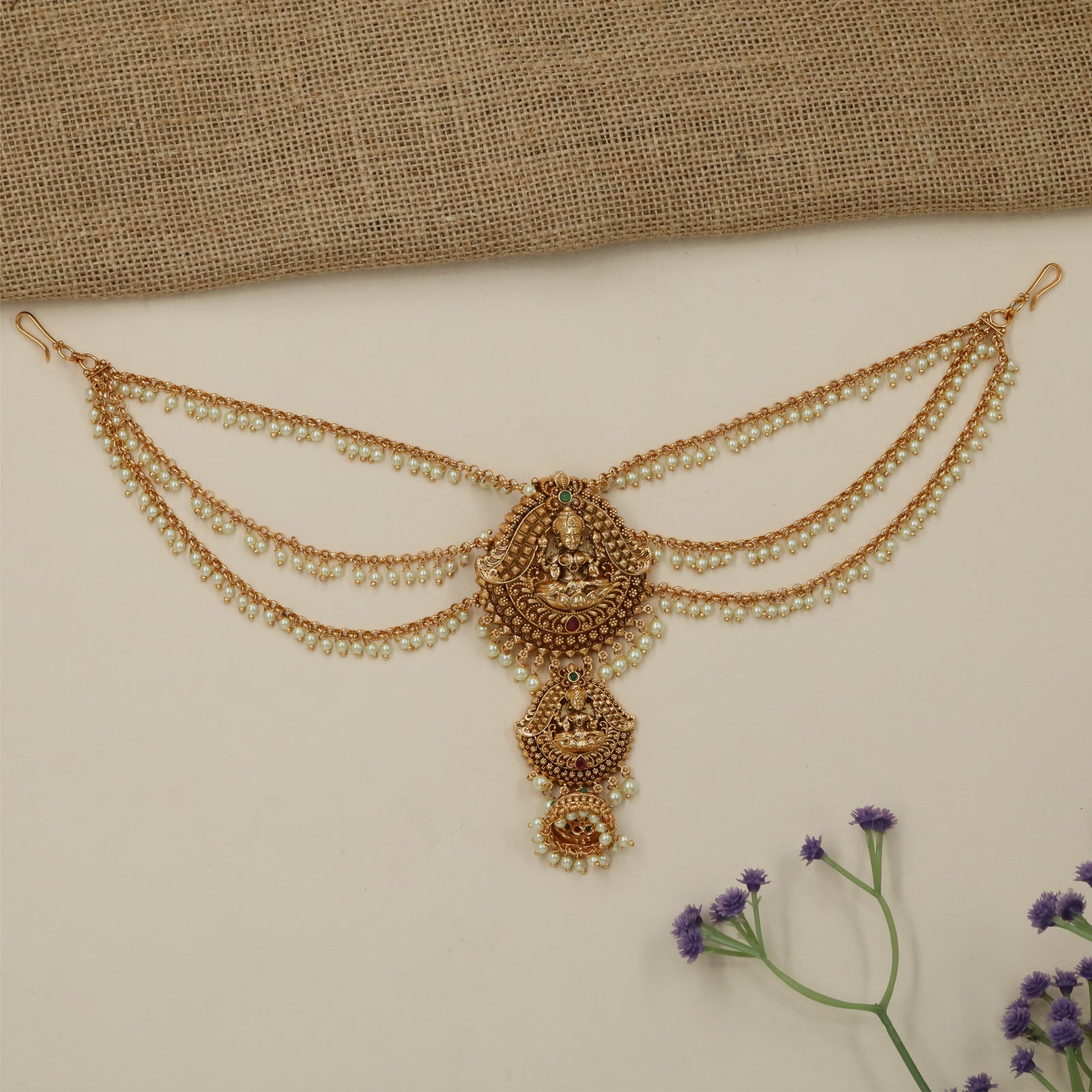 Luxury Devotional Pendant Antique Jade Bille Mati with Curved Pearl Drapes