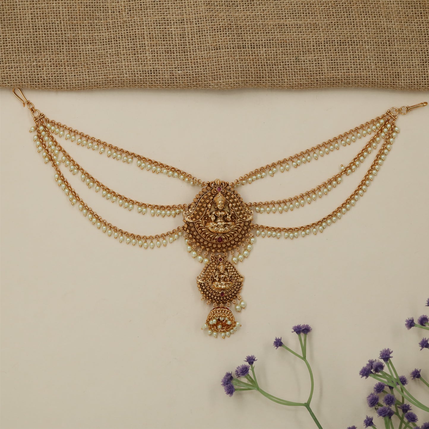 Luxury Devotional Pendant Antique Jade Bille Mati with Curved Pearl Drapes