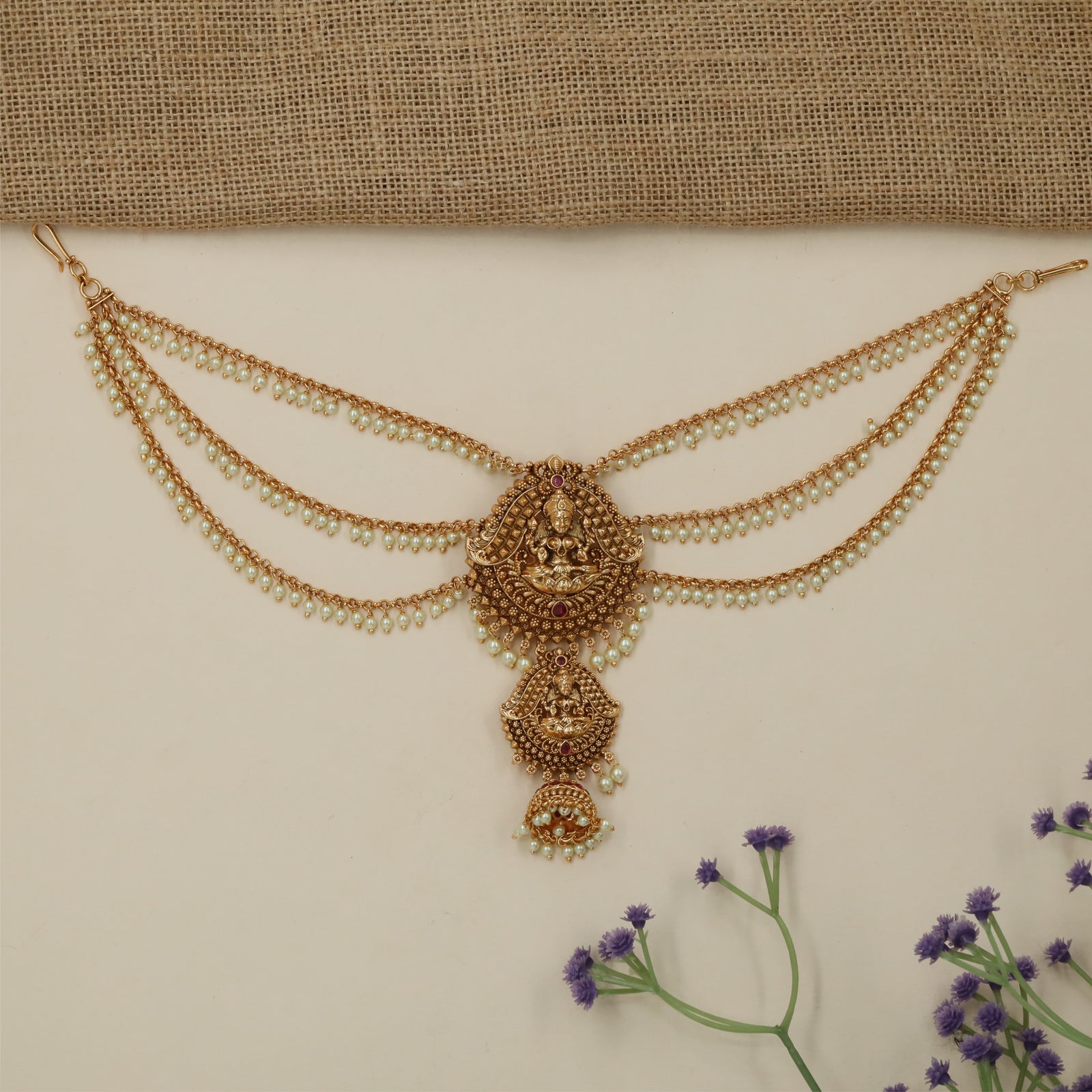Luxury Devotional Pendant Antique Jade Bille Mati with Curved Pearl Drapes