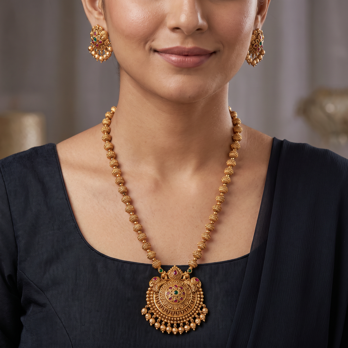 Devina Disc Pattern Antique Chain With Traditional Pendant Styling