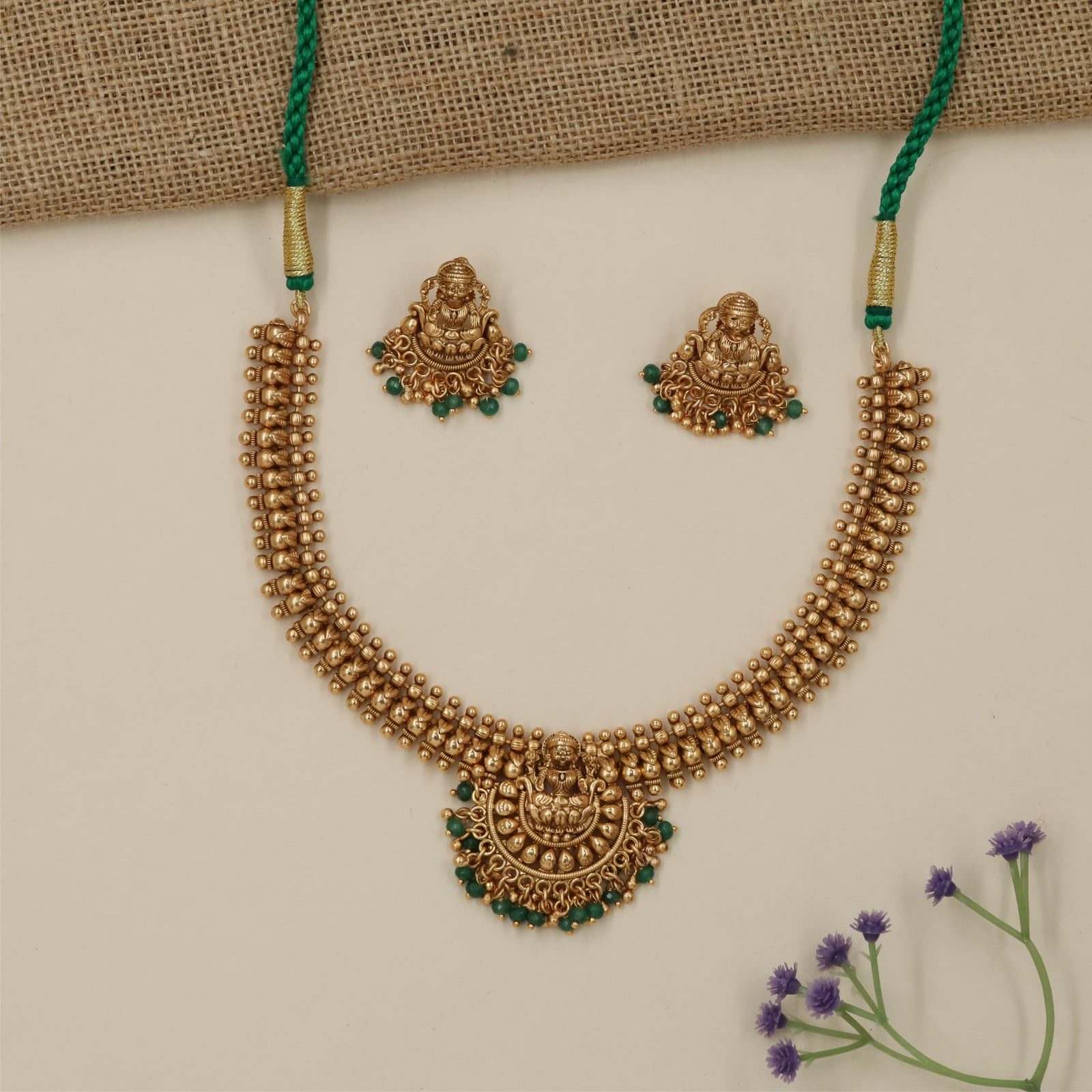 Royal Lakshmi Carving Antique Necklace with Curved Bead Rows