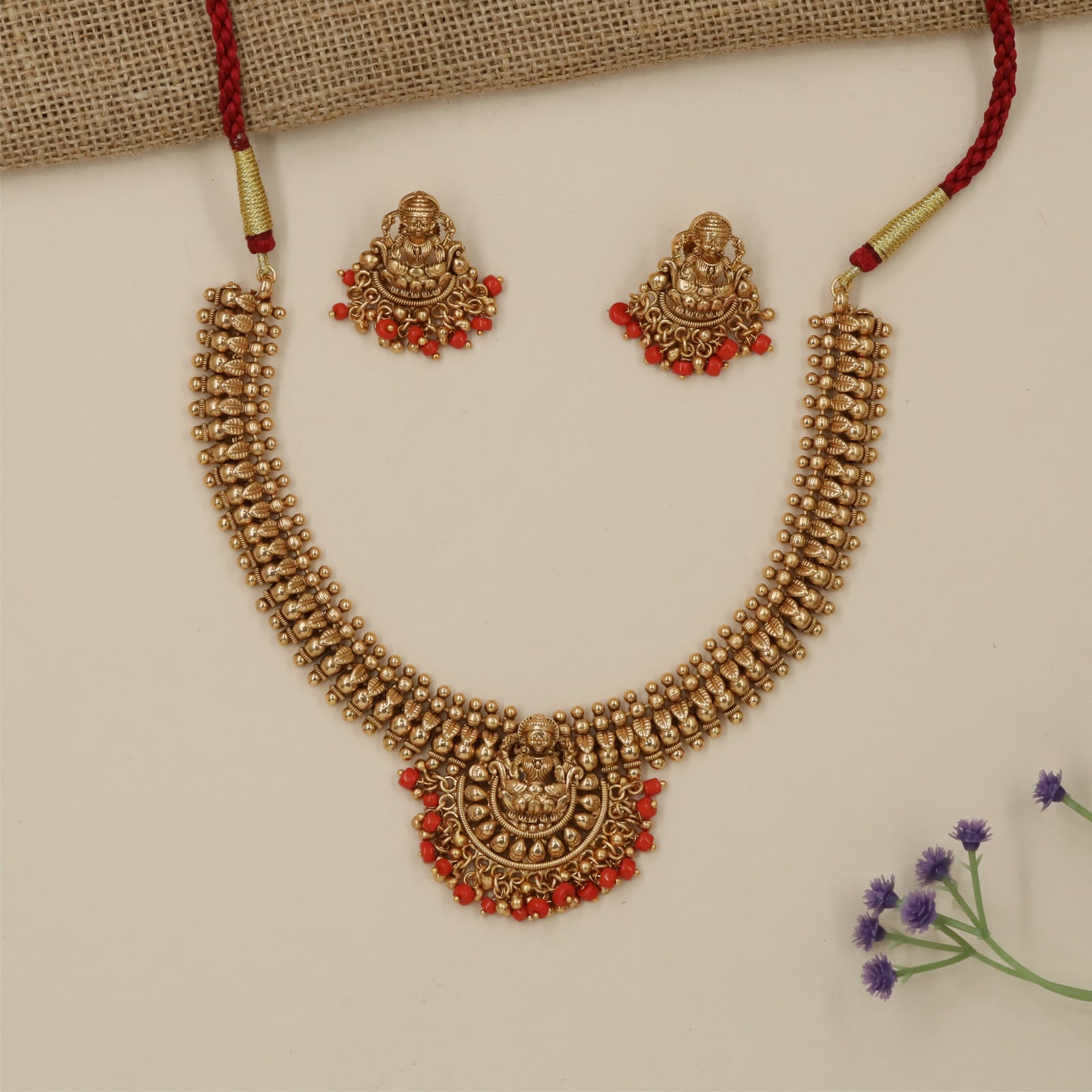 Royal Lakshmi Carving Antique Necklace with Curved Bead Rows
