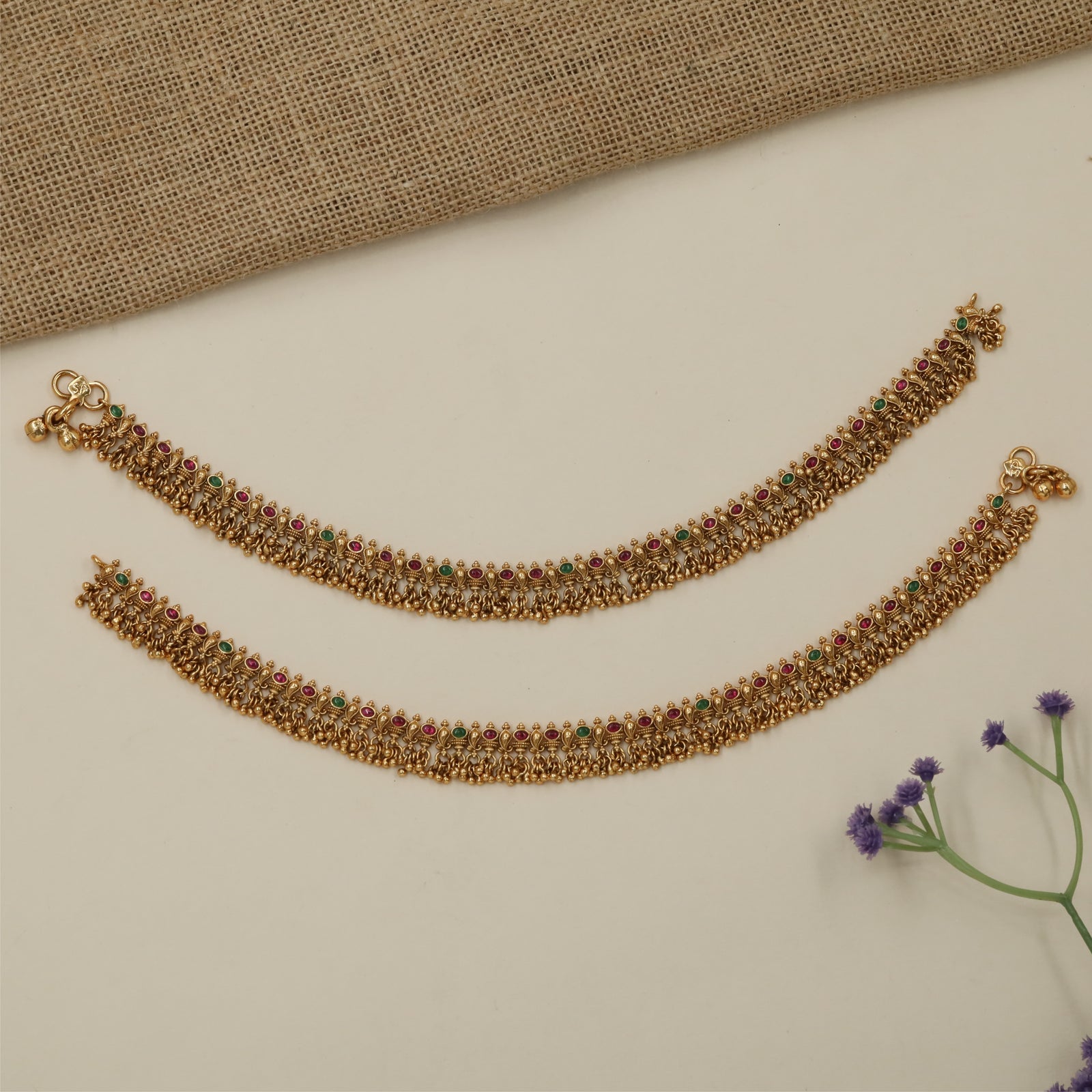 Drape Link Antique Payal with Decorative Cluster Accents