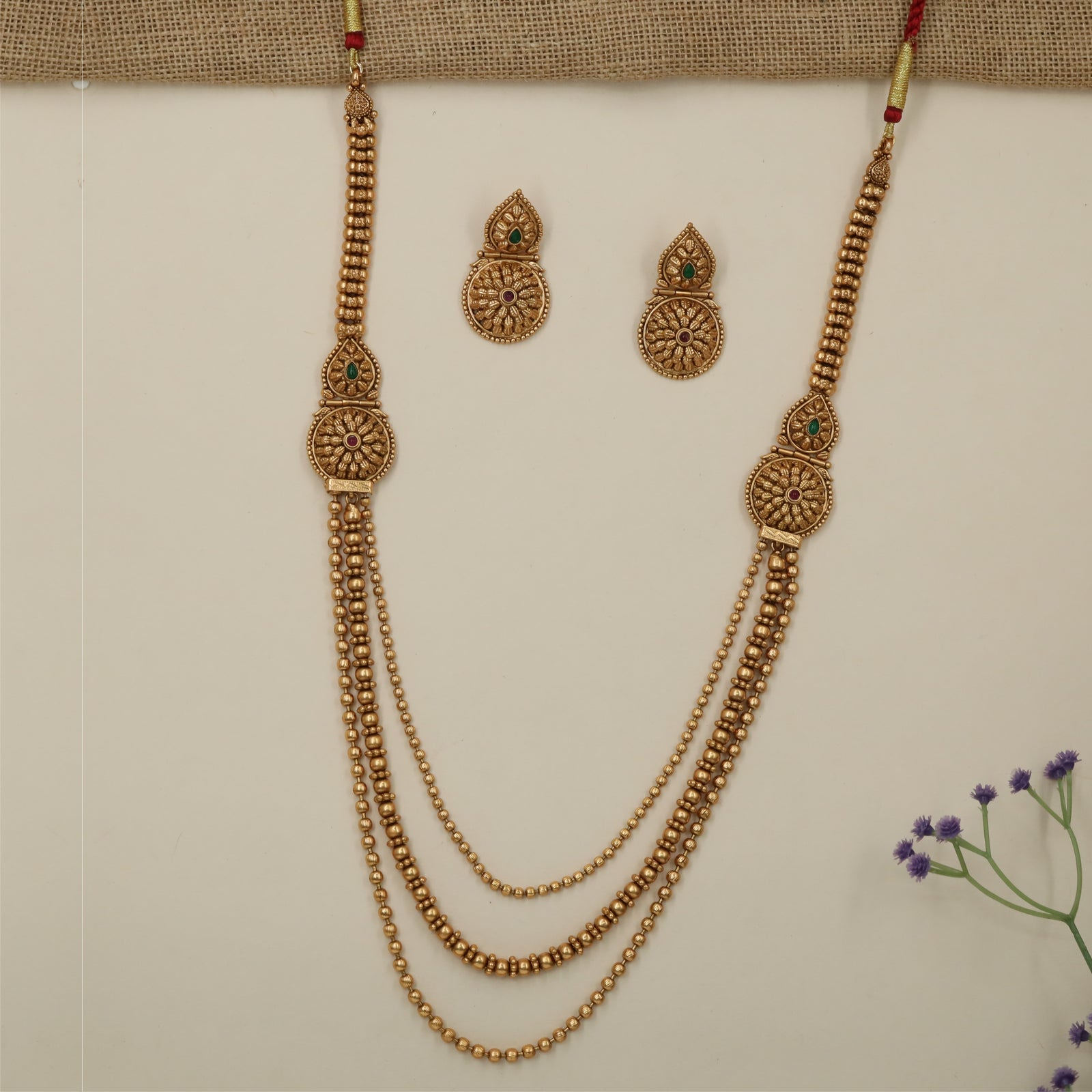 Designer Floral Pendant Antique Long Haara with Triple Chain Styling
