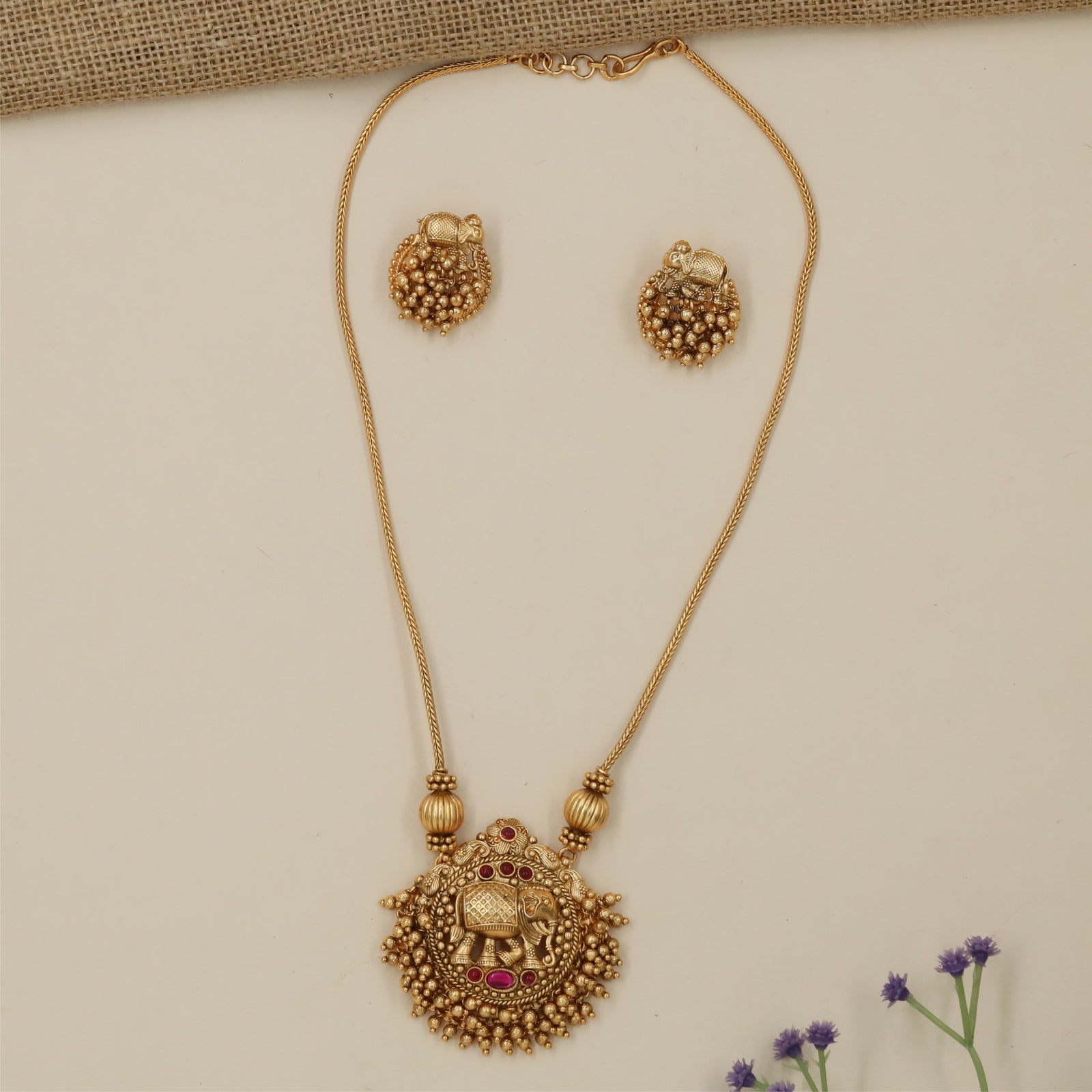 Grand Sculpted Elephant Antique Necklace with Traditional Pendant Work