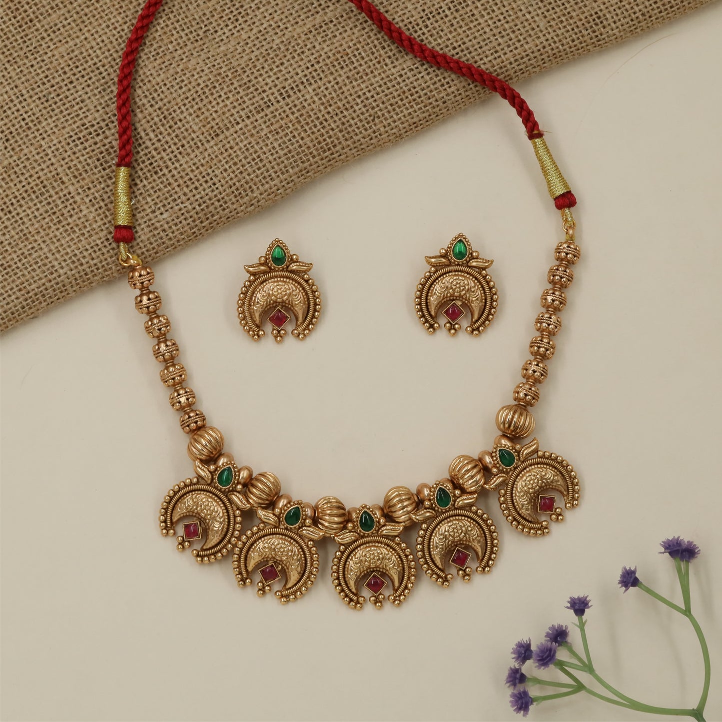 Festive Half Moon Antique Necklace with Ornamental Link Detailing