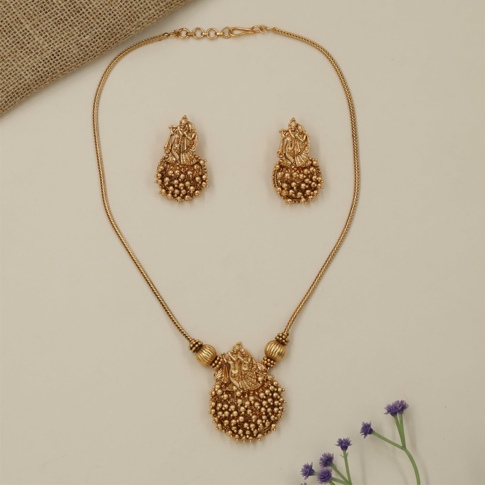 Bridal Krishna Carving Ball Drop Antique Necklace