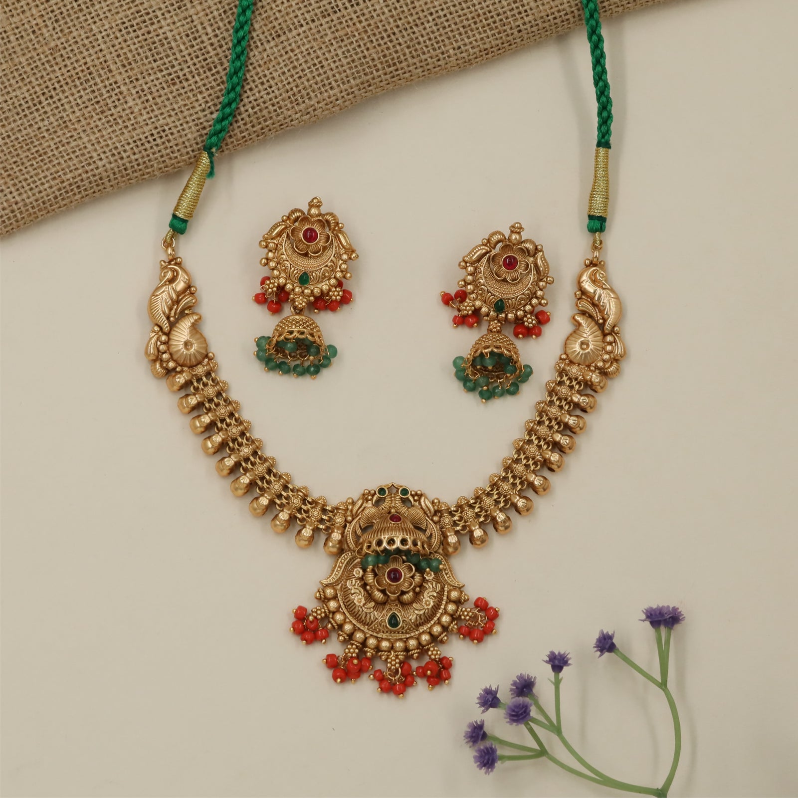 Grand Temple Border Antique Necklace with Hanging Cluster Detailing