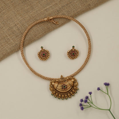 Festive Braided Chain Antique Necklace with Sculpted Floral Borders