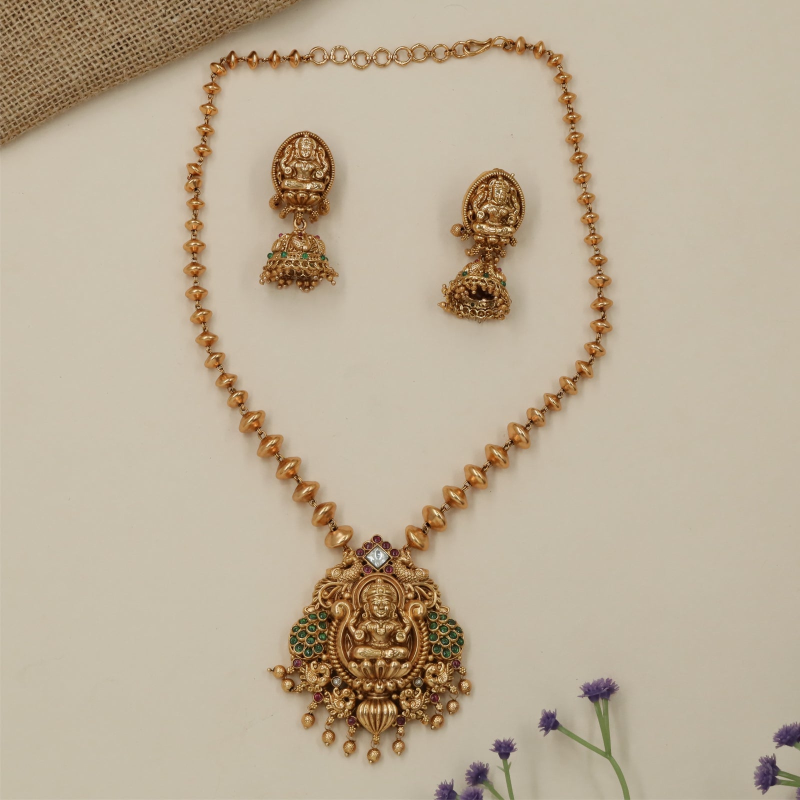 Majestic Lakshmi Pendant Antique Chain With Hanging Cluster Accents