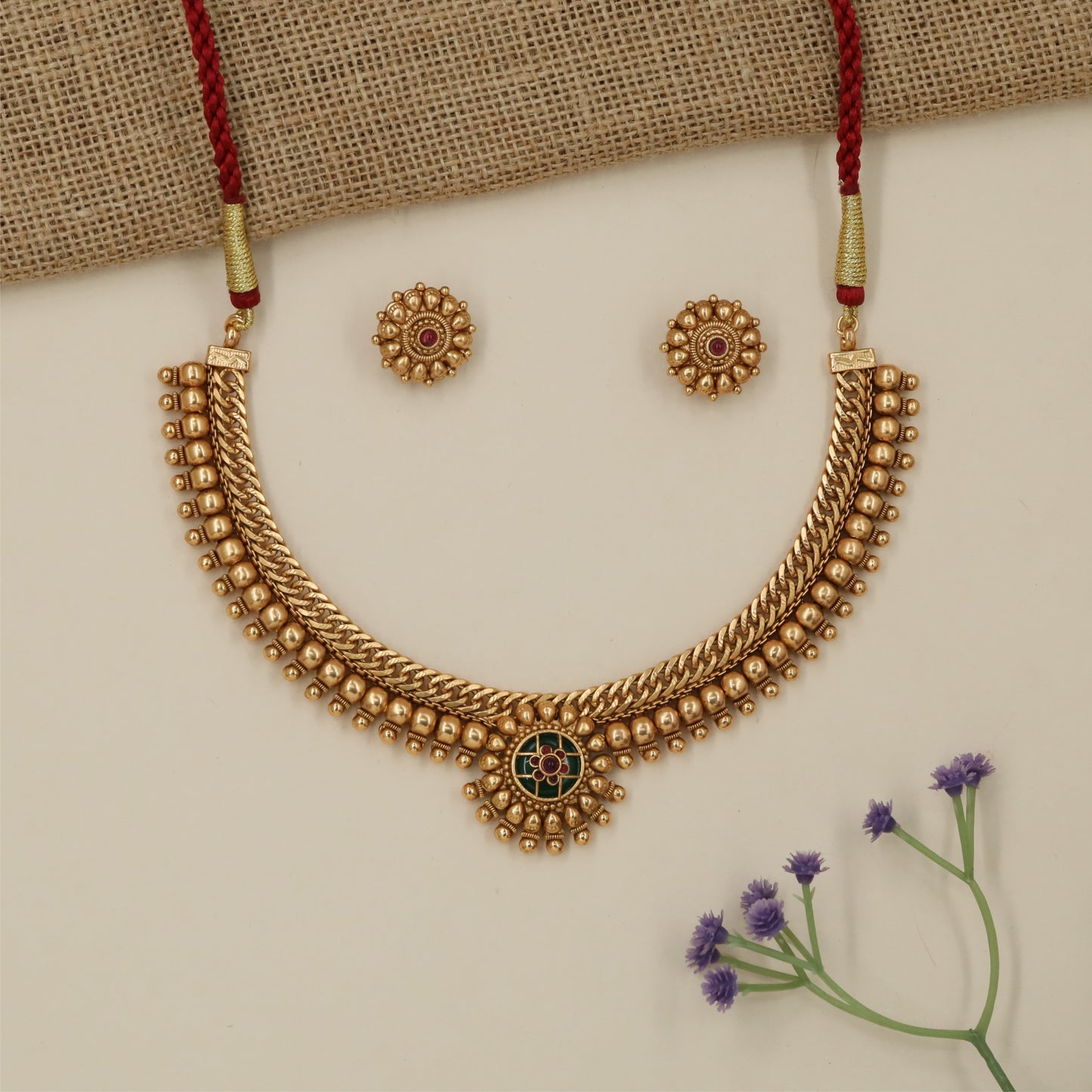 Woven Border Antique Necklace with Ornamental Hanging Beadwork