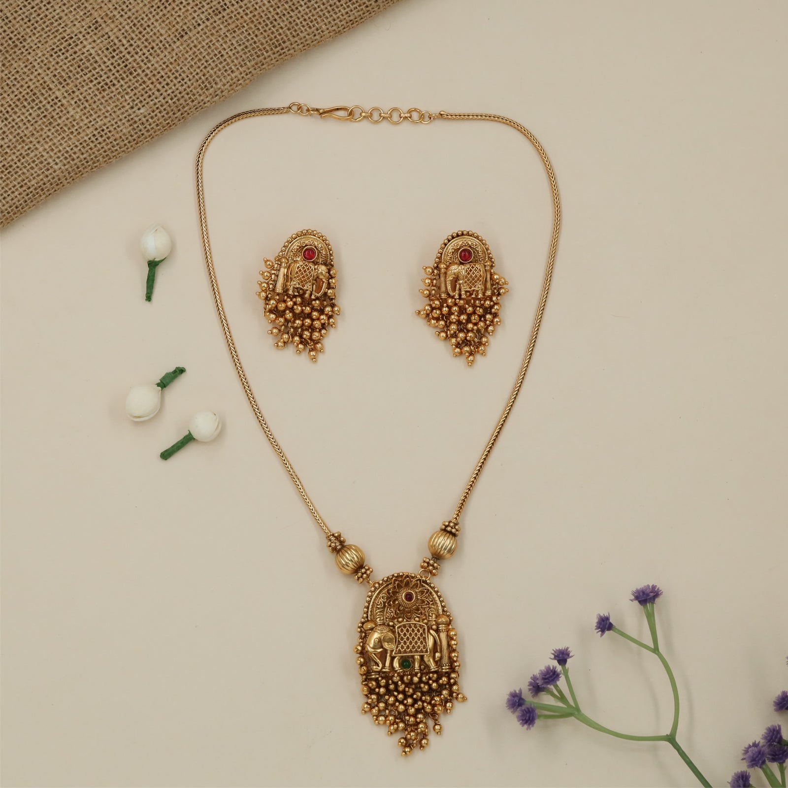 Elephant Pendant Antique Necklace with Cluster Fringe Detailing