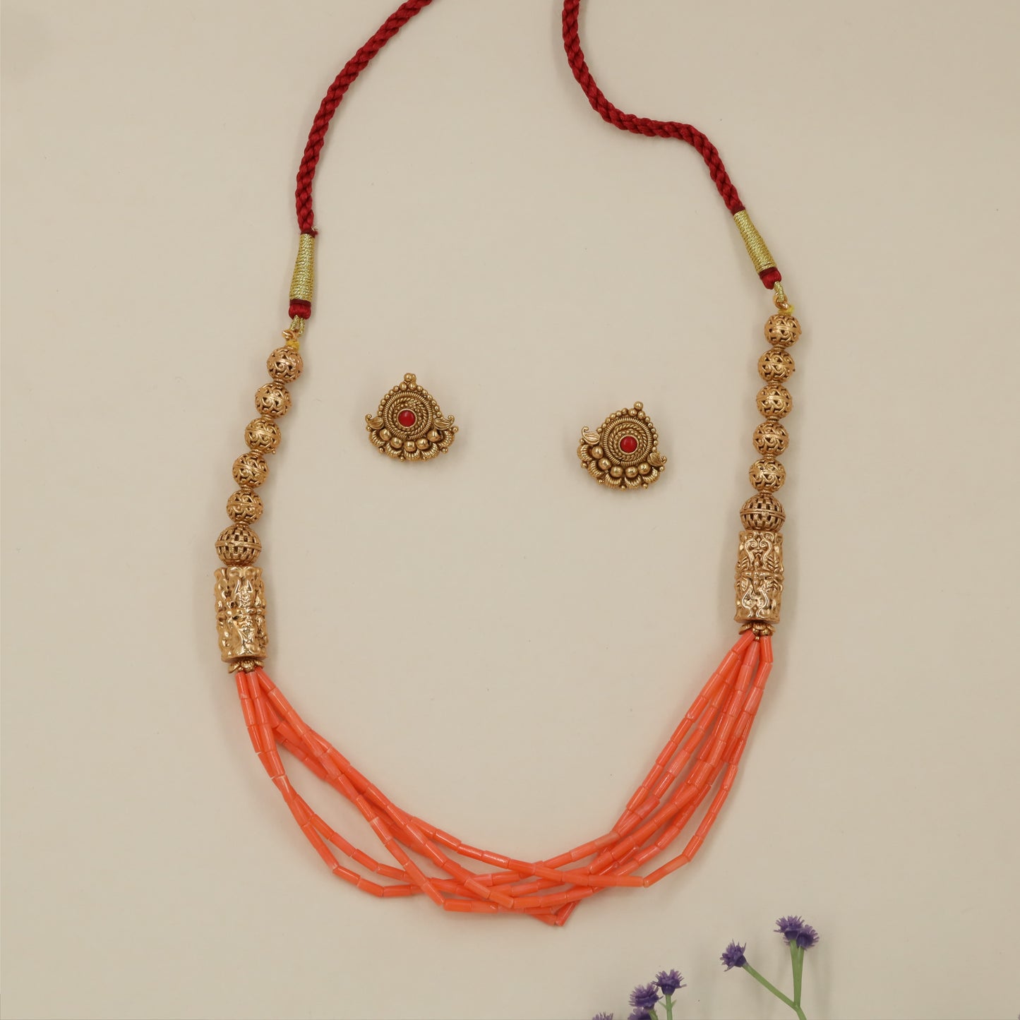 Temple antique beads necklace with ornate cylindrical detailing