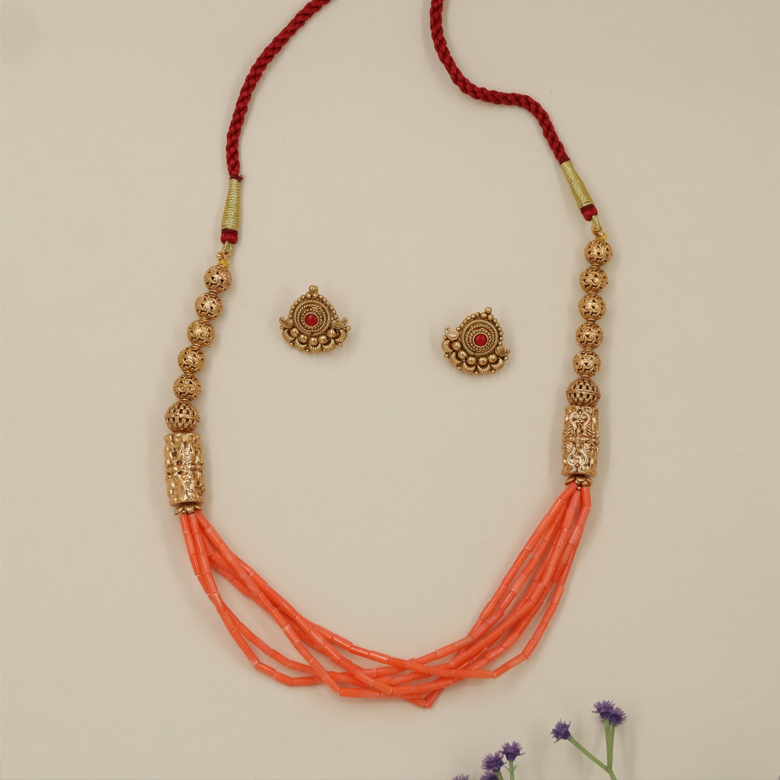 Temple antique beads necklace with ornate cylindrical detailing