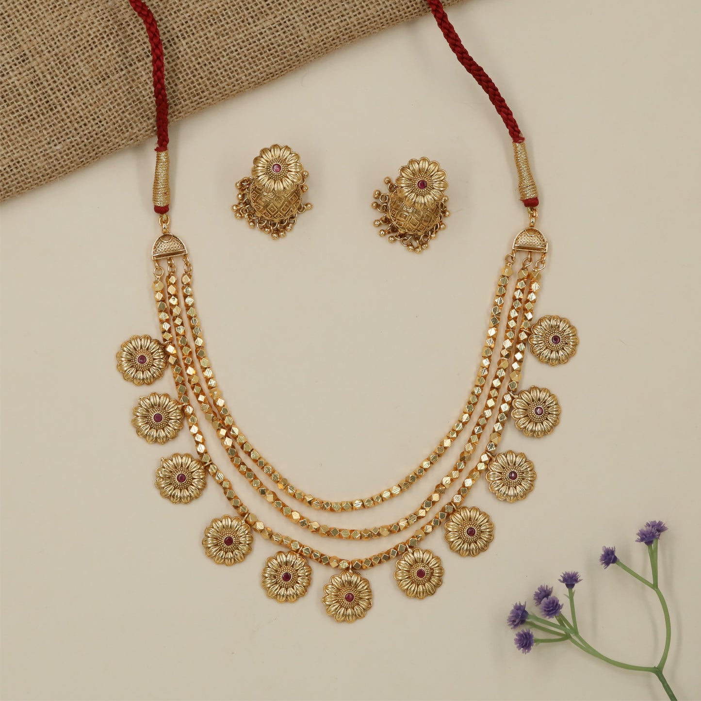 Linked Floral Border Antique Necklace with Hanging Chain Styling