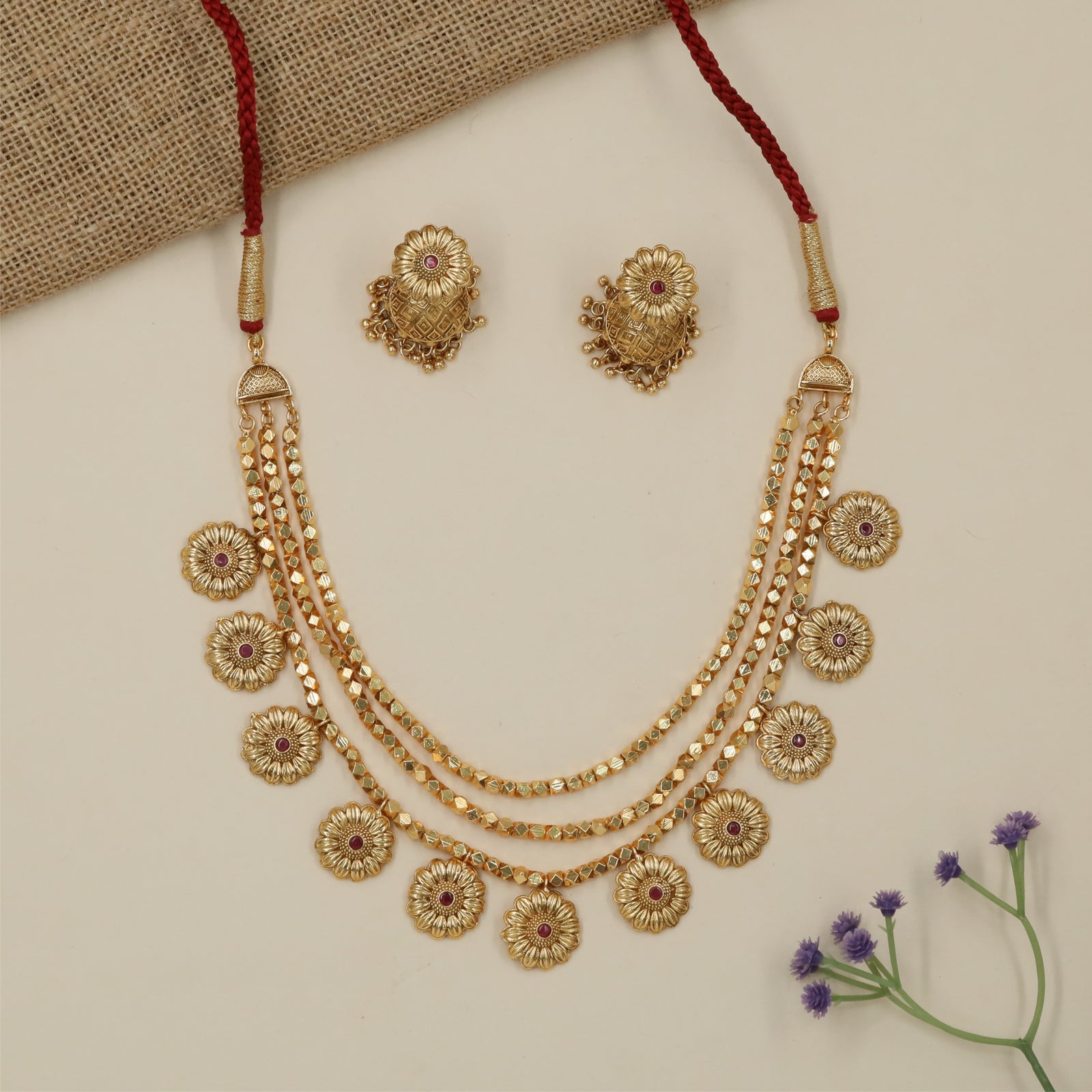 Linked Floral Border Antique Necklace with Hanging Chain Styling