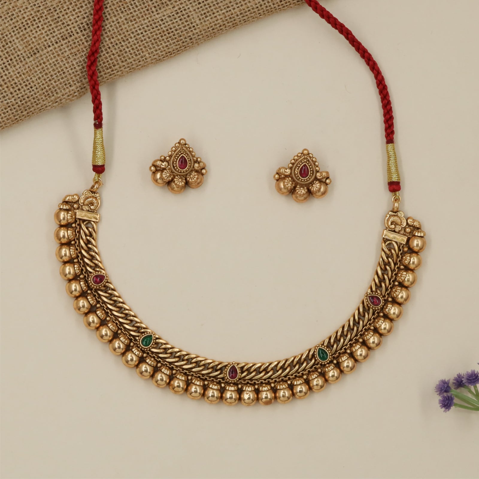 Braided Collar Antique Necklace with Rounded Bead Fringe Borders