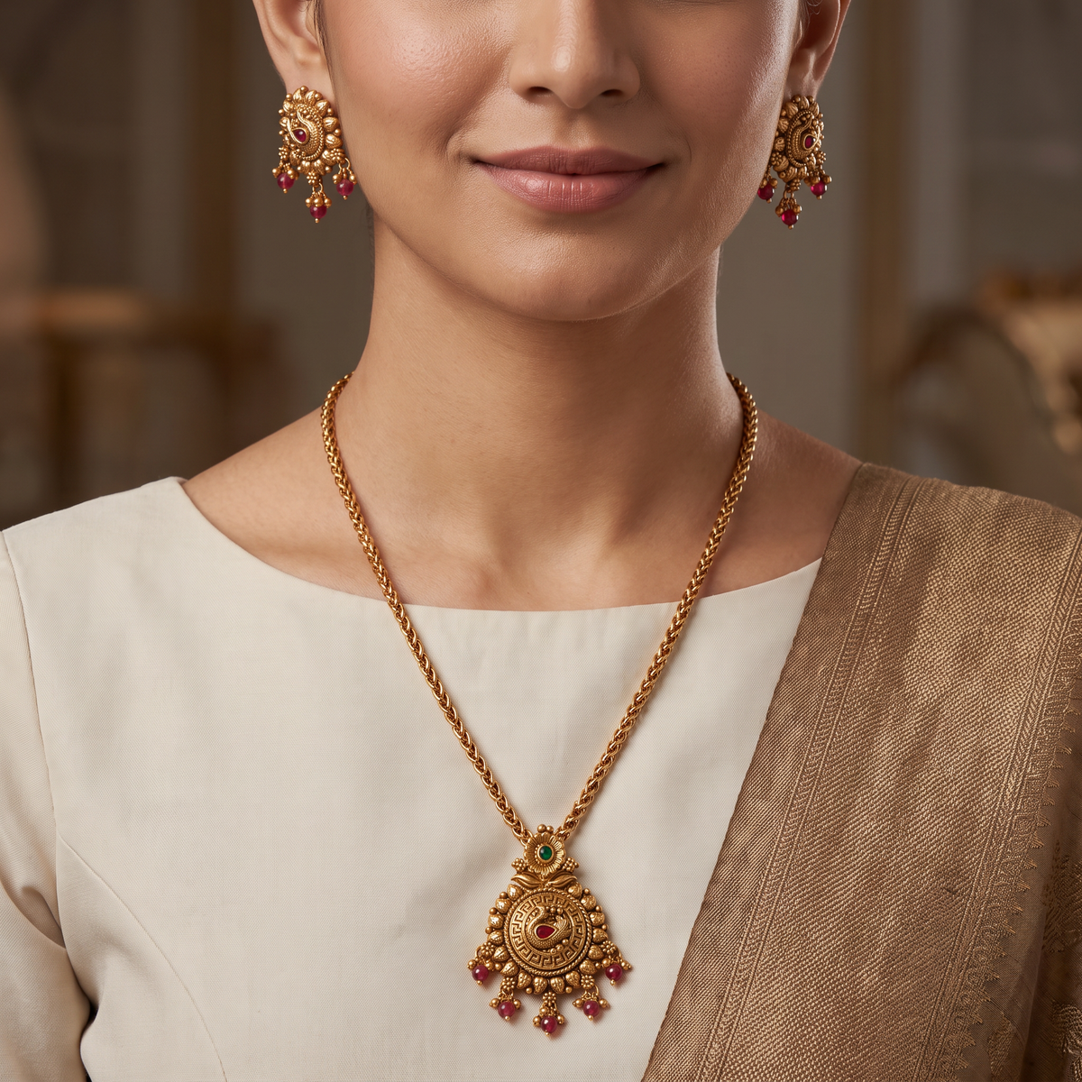 Heritage Peacock Disc Antique Chain With Pendant
