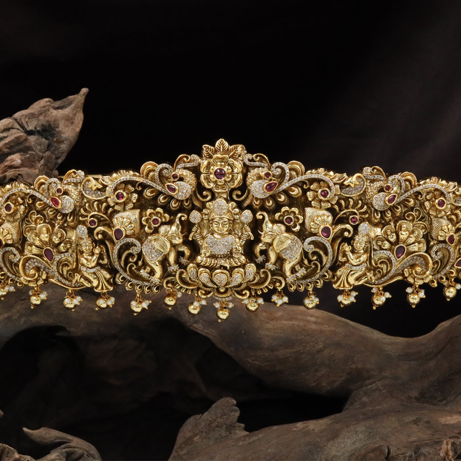 Majestic Lakshmi Pendant Antique Dabu with Ornamental Scroll Styling