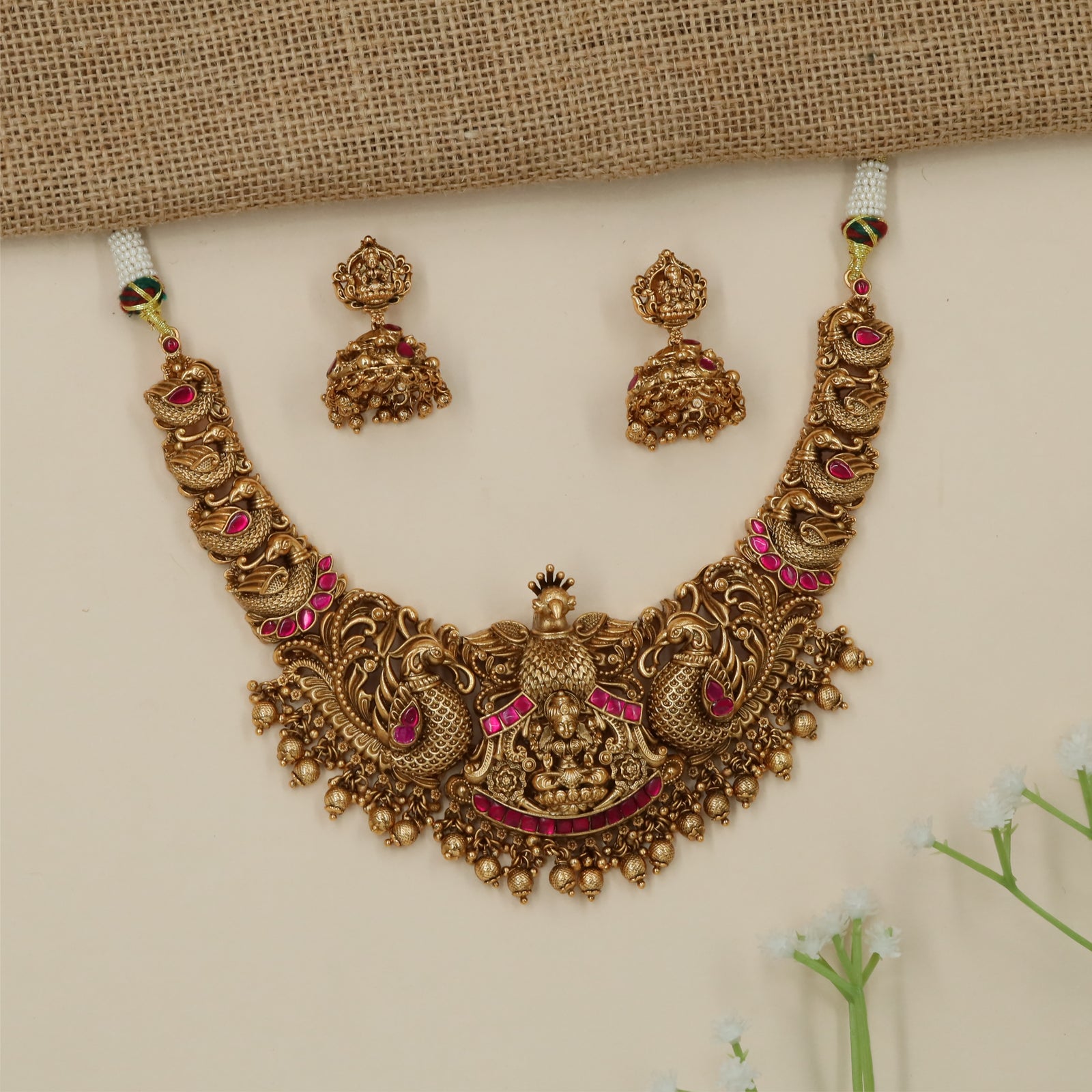 Temple Lakshmi Peacock Carving Antique Necklace with Hanging Fringe