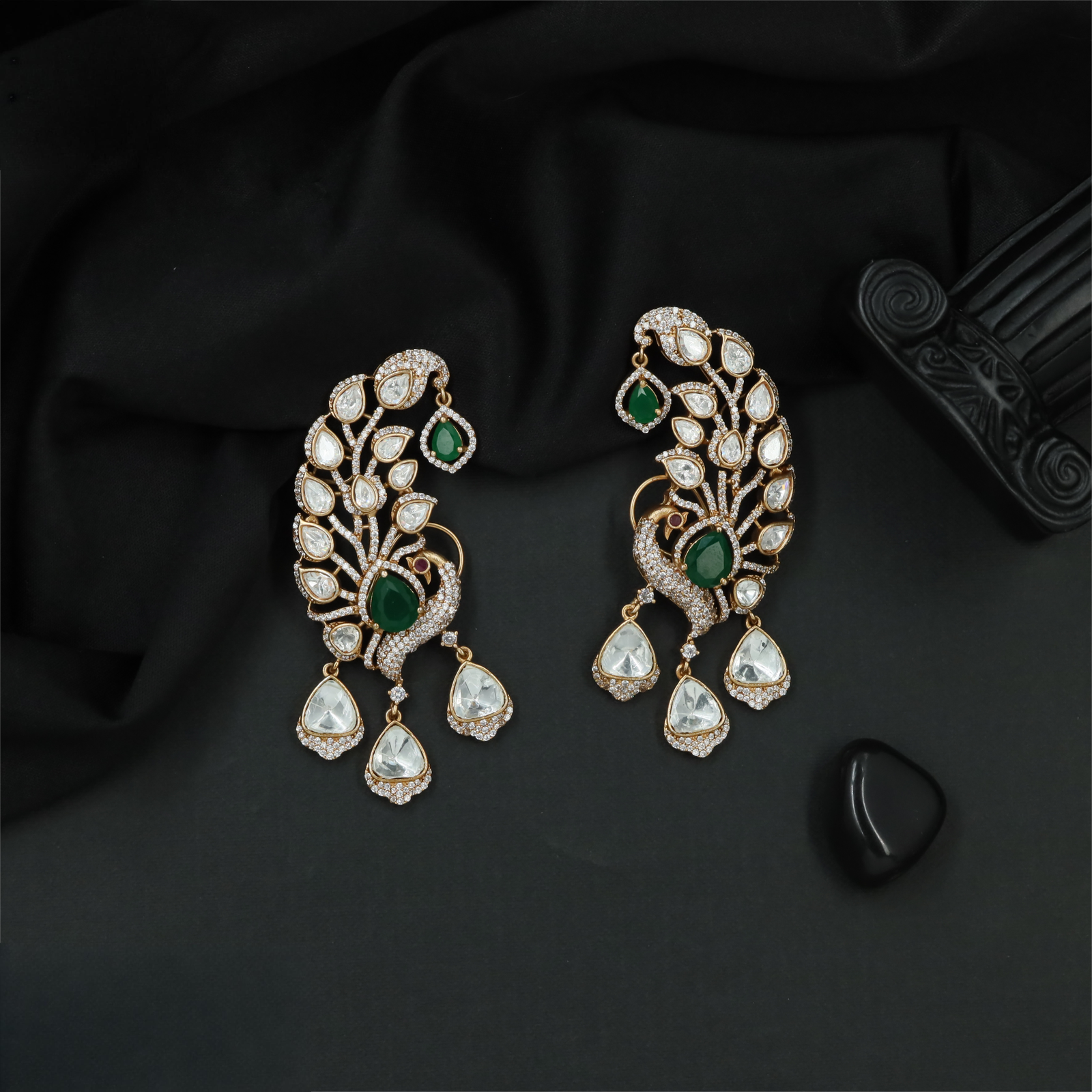 Grand Leaf Pattern Kundan Earcuffs with Dangling Drop Accents