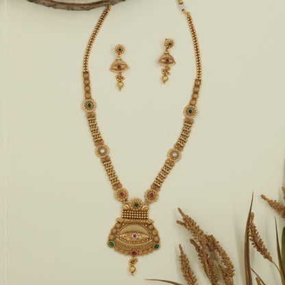 Bead strand long haara with double bead chains and temple pendant with hanging drop