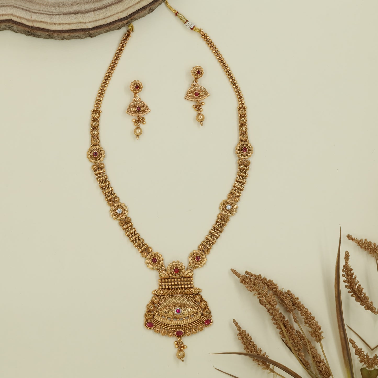 Bead strand long haara with double bead chains and temple pendant with hanging drop