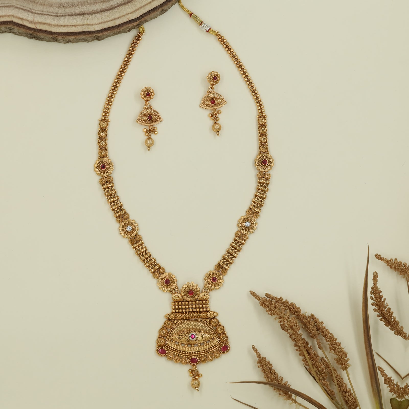 Bead strand long haara with double bead chains and temple pendant with hanging drop