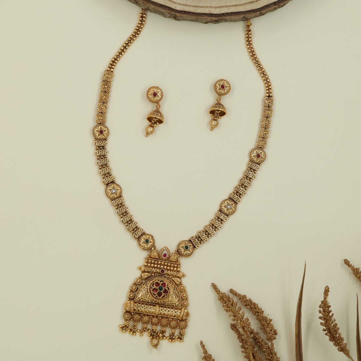 Anchor link antique long haara with bead strands and temple pendant with fringe drops