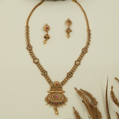 Halo disc antique long haara with circular panels and hanging drop