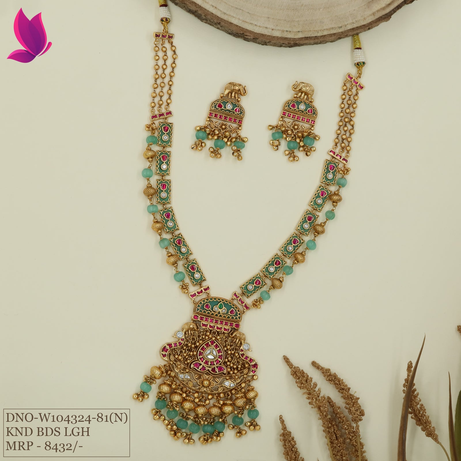 Elephant top kundan beads long haara with panel links and heavy fringe pendant with bead drops
