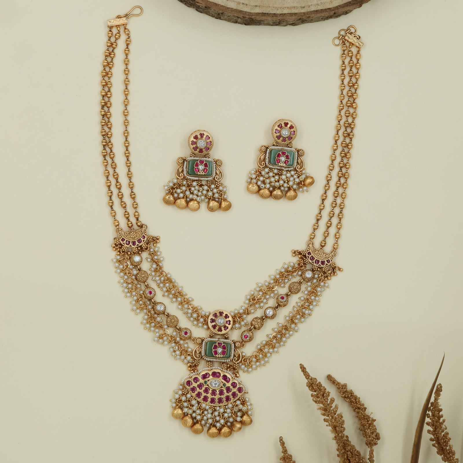 Drape panel kundan long haara with layered chain rows and hanging fringe pendant
