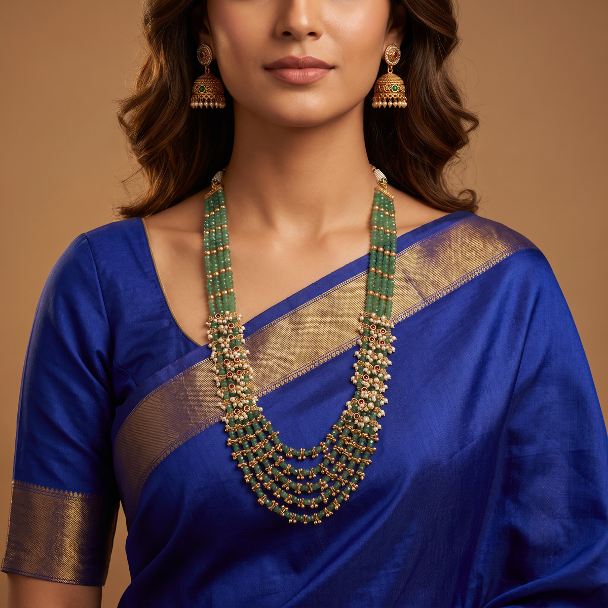 Beaded multi strand long haara with layered rows and clustered drop fringe base