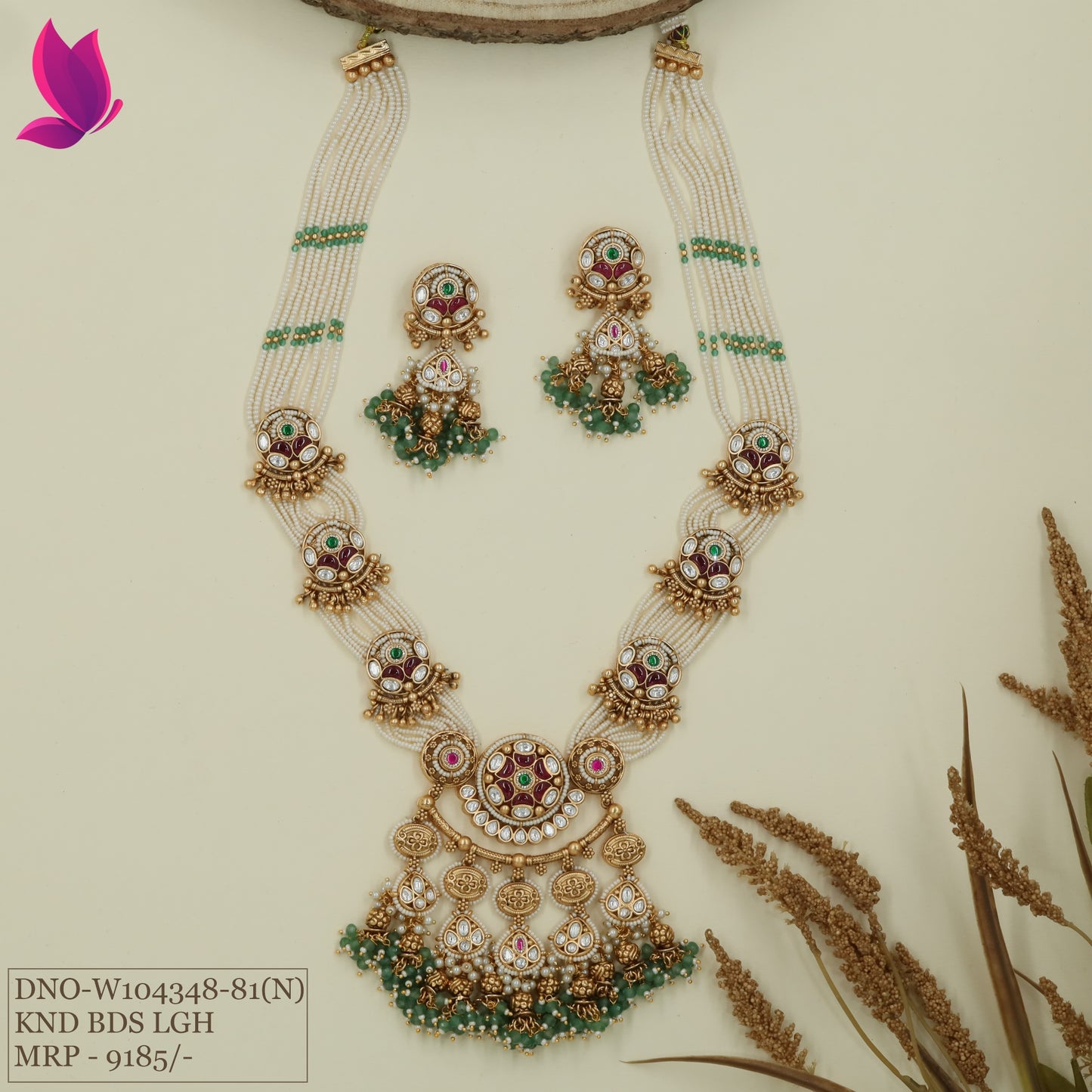 Pearl strand kundan beads long haara with multi rows and circular connector panels with fringe pendant