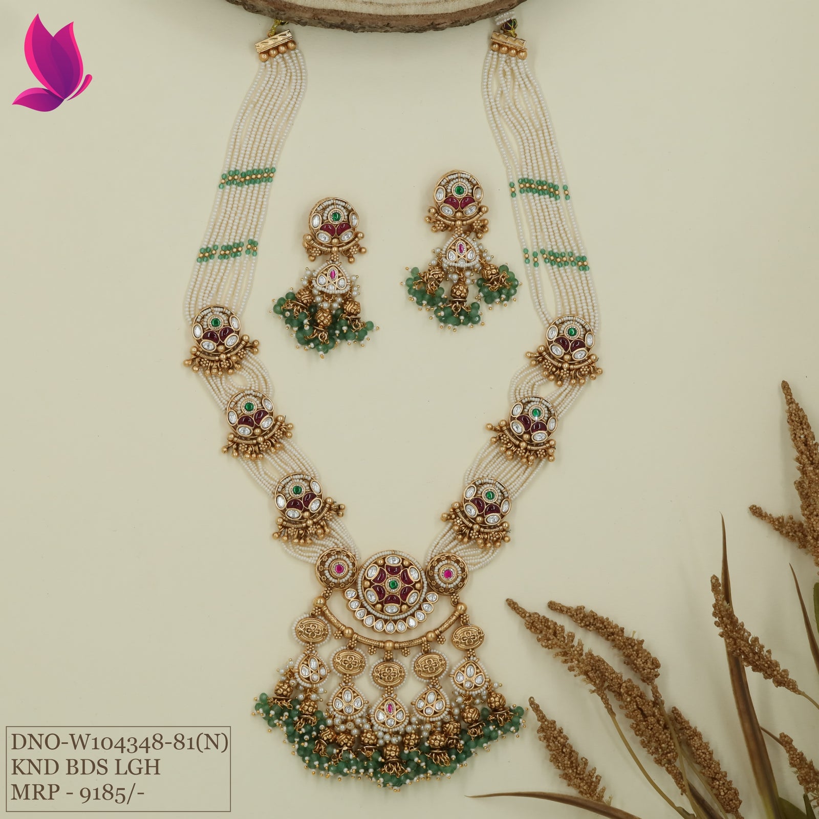 Pearl strand kundan beads long haara with multi rows and circular connector panels with fringe pendant