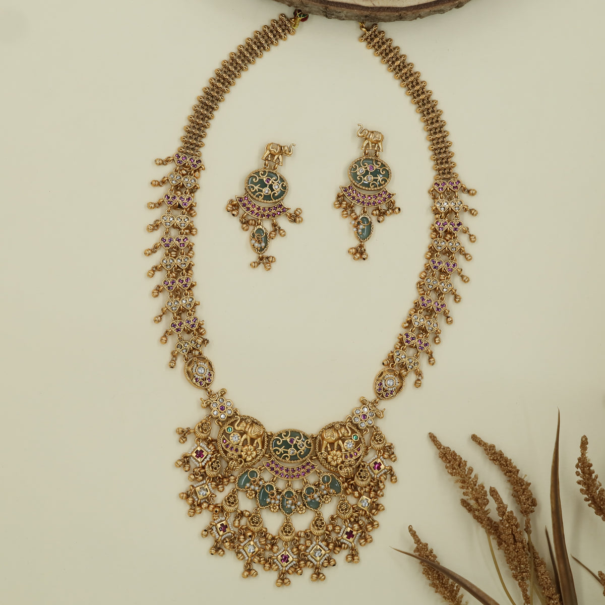 Animal top kundan long haara with elephant motifs and layered fringe pendant