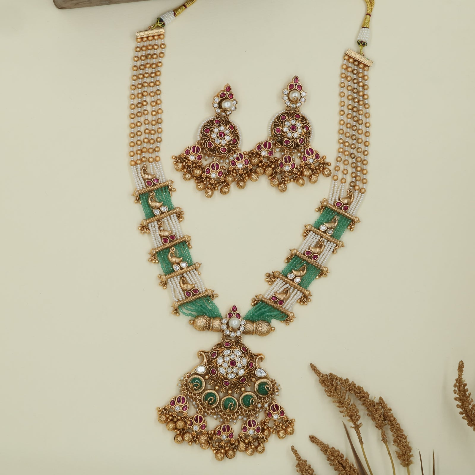 Hybrid strand kundan beads long haara with pearl rows merging into structured panel links