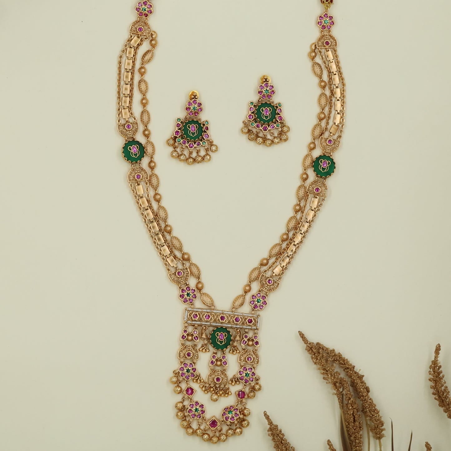 Beaded dual line kundan long haara with side connector accents and layered fringe base