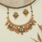 Floral insert kundan necklace with curved bar and clustered drop hangings