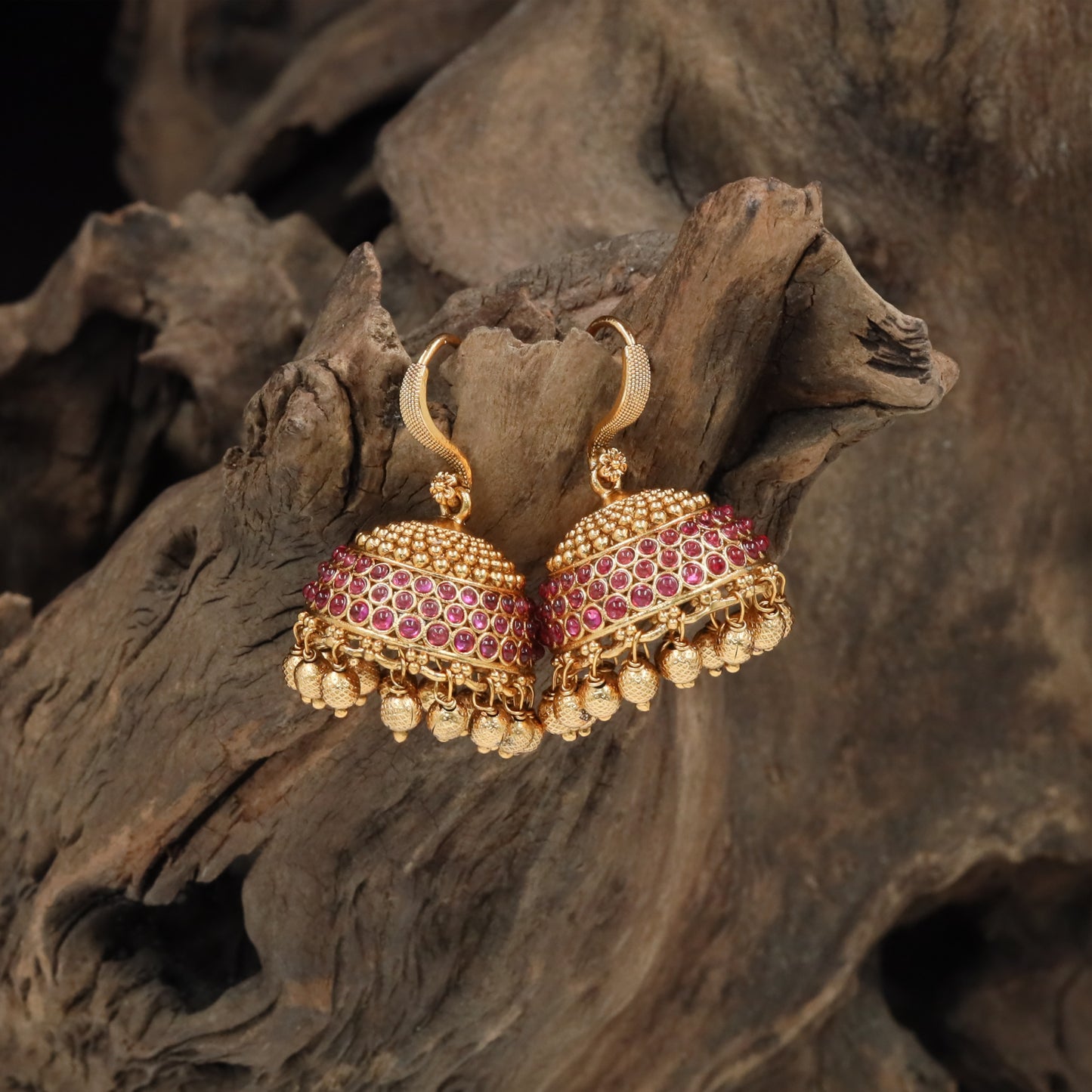 Textured dome antique jumka with dense bead hangings and fringe edge