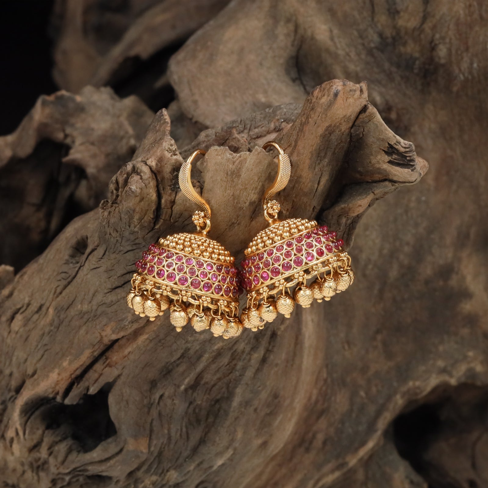 Textured dome antique jumka with dense bead hangings and fringe edge