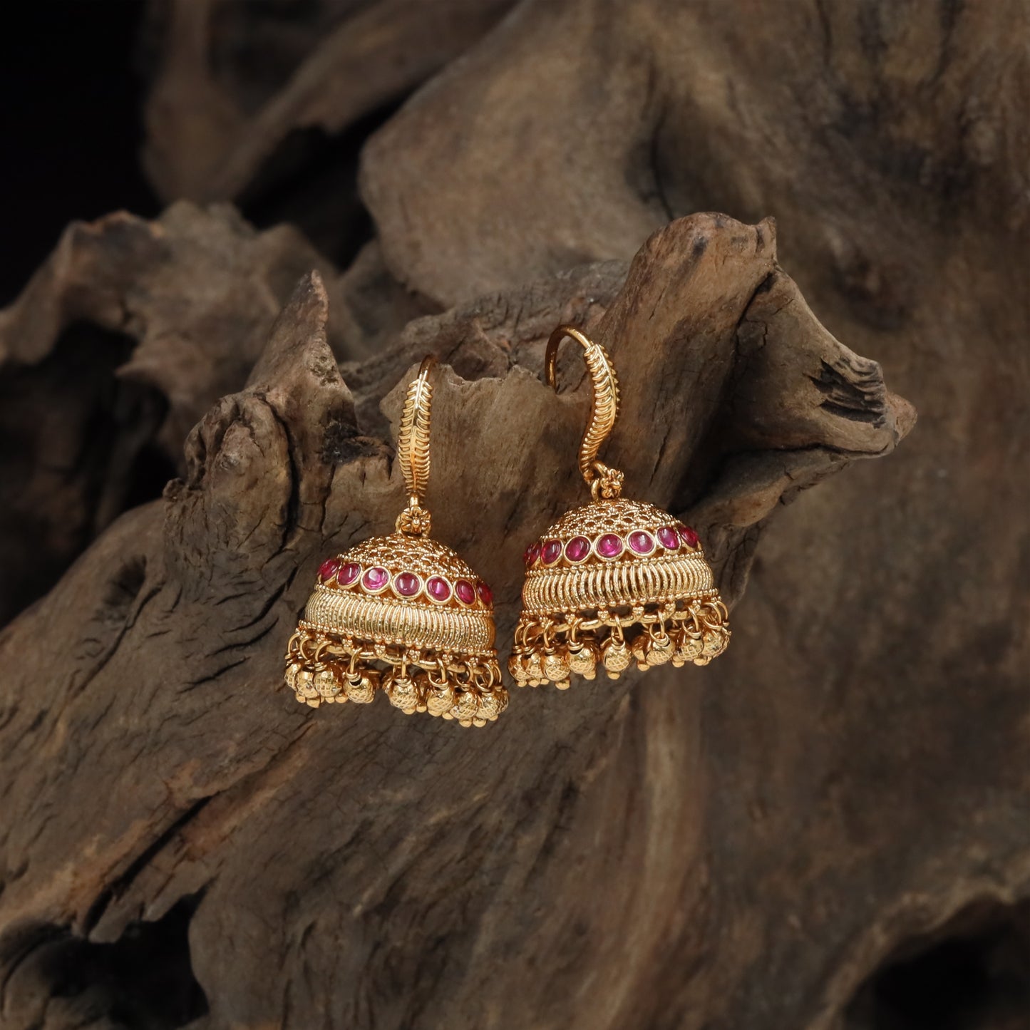 Beaded rim antique jumka with layered dome detailing and drop hangings
