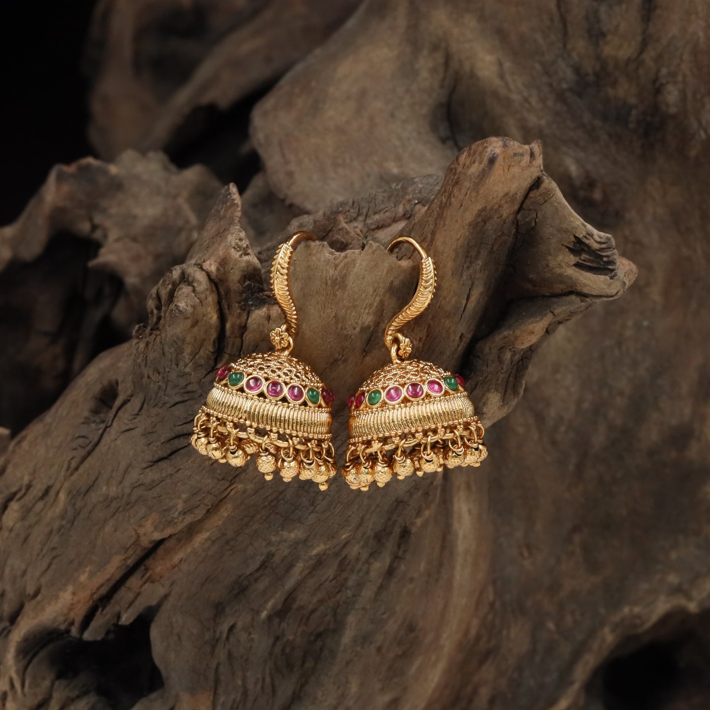 Beaded rim antique jumka with layered dome detailing and drop hangings