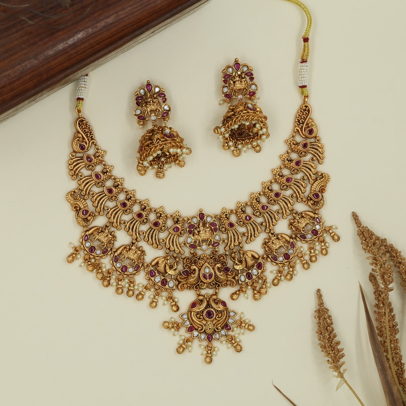 Arched peacock antique necklace with central Lakshmi pendant